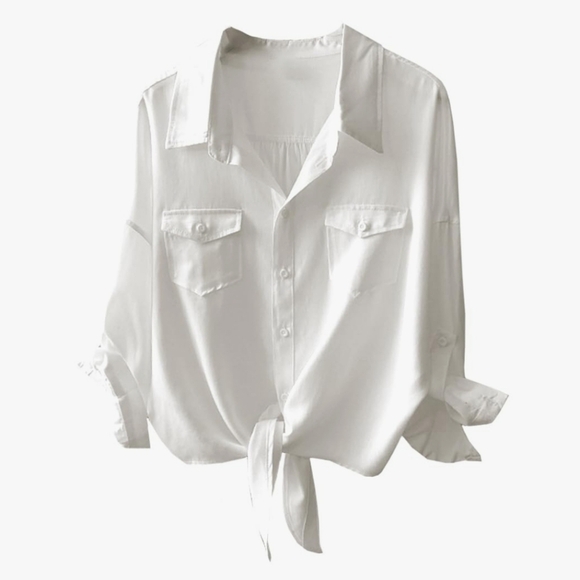 White Lycocell Flowy Button Down Tie Front Shirt - Picture 1 of 6